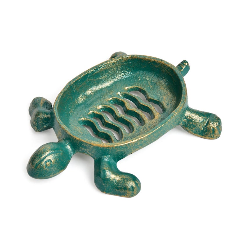 Sungmor Heavy Duty Cast Iron Drainable Soap Holder - Lovely Tortoise Shaped & Antique Green & Gold Finish - Kitchen Bathroom Sink Soap Dish Tray - Practical & Decorative Tabletop Soap Box Container - Image 1
